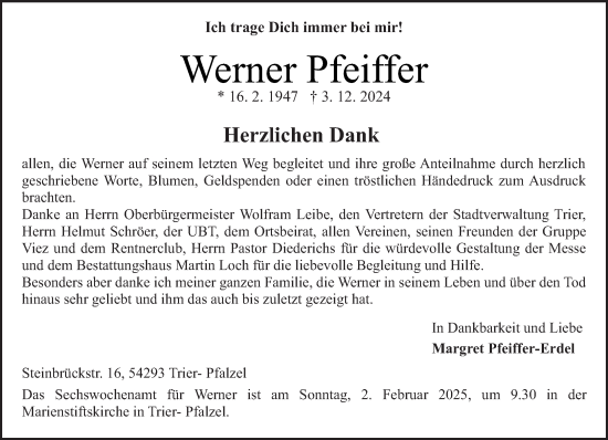Traueranzeige von Werner Pfeiffer von trierischer_volksfreund