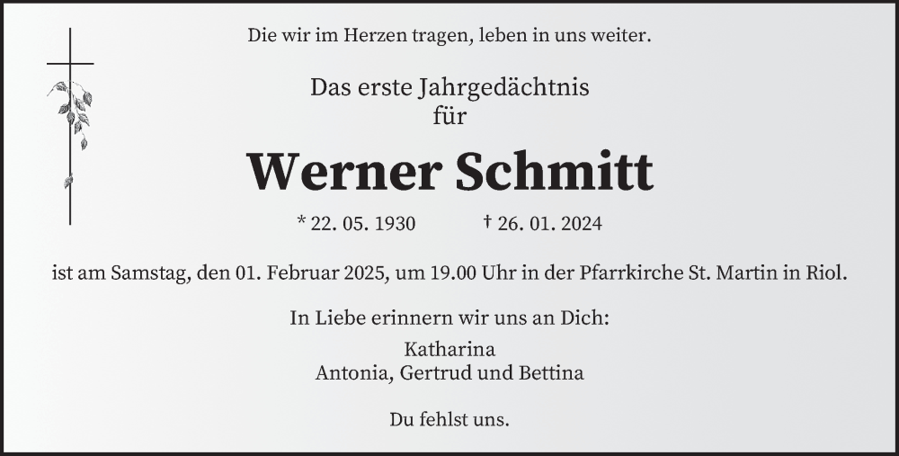  Traueranzeige für Werner Schmitt vom 25.01.2025 aus trierischer_volksfreund