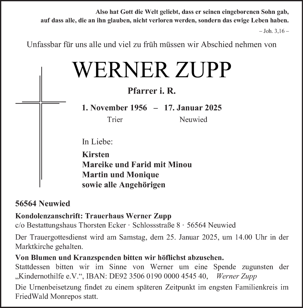  Traueranzeige für Werner Zupp vom 22.01.2025 aus trierischer_volksfreund