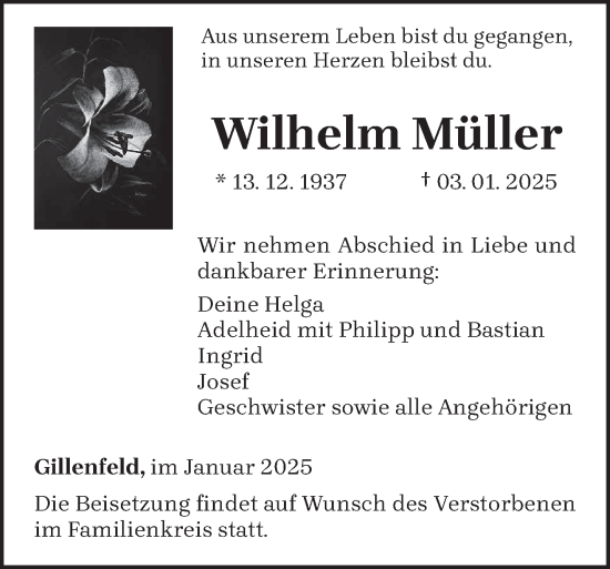 Traueranzeige von Wilhelm Müller von trierischer_volksfreund