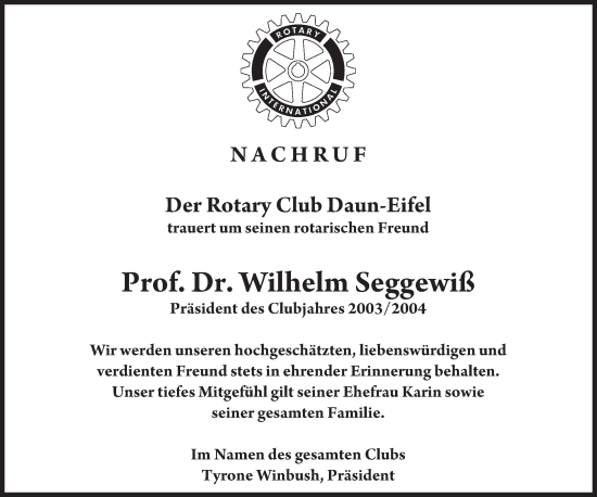 Traueranzeige von Wilhelm Seggewiß von trierischer_volksfreund