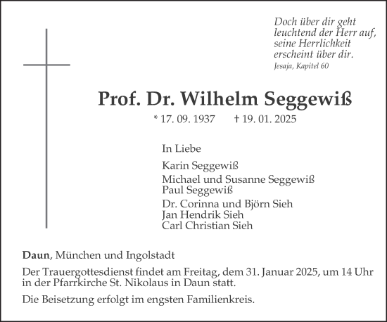 Traueranzeige von Wilhelm Seggewiß von trierischer_volksfreund