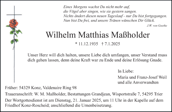 Traueranzeige von Wilhelm Matthias Maßholder von trierischer_volksfreund