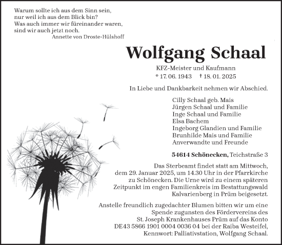 Traueranzeige von Wolfgang Schaal von trierischer_volksfreund