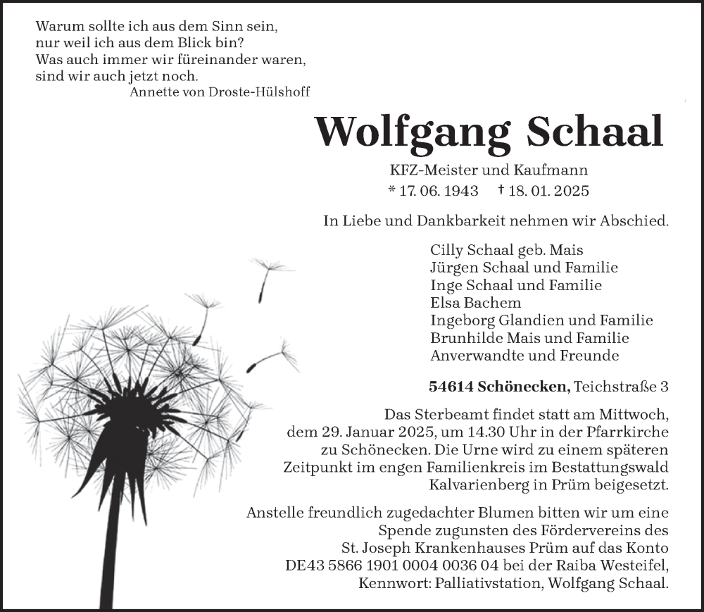  Traueranzeige für Wolfgang Schaal vom 23.01.2025 aus trierischer_volksfreund