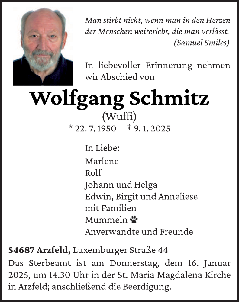  Traueranzeige für Wolfgang Schmitz vom 14.01.2025 aus trierischer_volksfreund