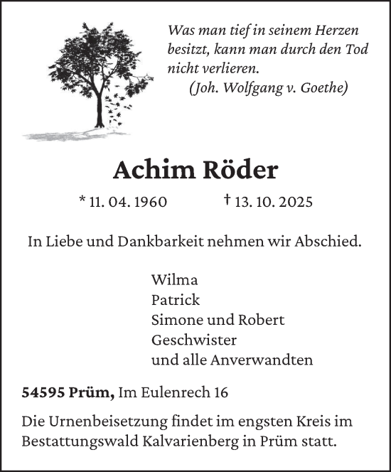 Traueranzeige von Achim Röder von trierischer_volksfreund