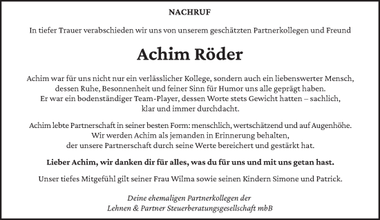 Traueranzeige von Achim Röder von trierischer_volksfreund