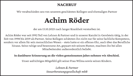 Traueranzeige von Achim Röder von trierischer_volksfreund