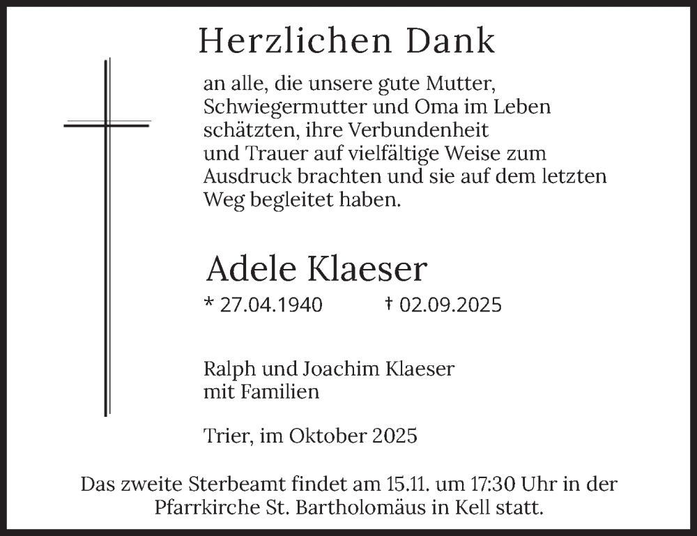  Traueranzeige für Adele Klaeser vom 28.10.2025 aus trierischer_volksfreund