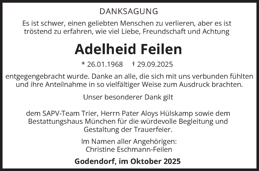  Traueranzeige für Adelheid Feilen vom 25.10.2025 aus trierischer_volksfreund