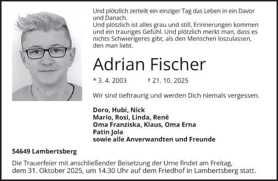 Traueranzeige von Adrian Fischer von trierischer_volksfreund