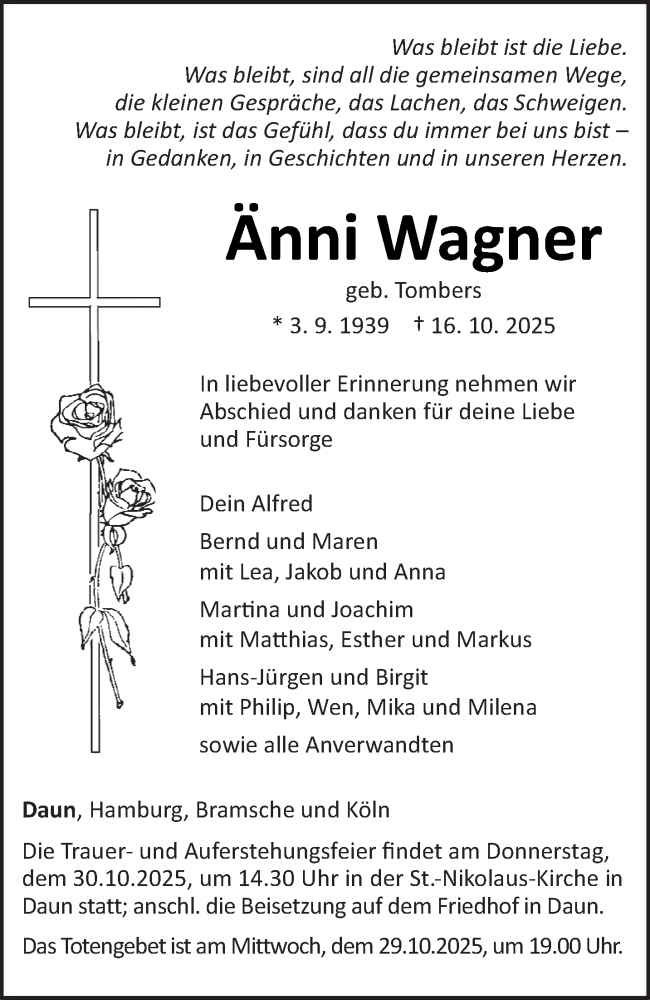  Traueranzeige für Änni Wagner vom 25.10.2025 aus trierischer_volksfreund