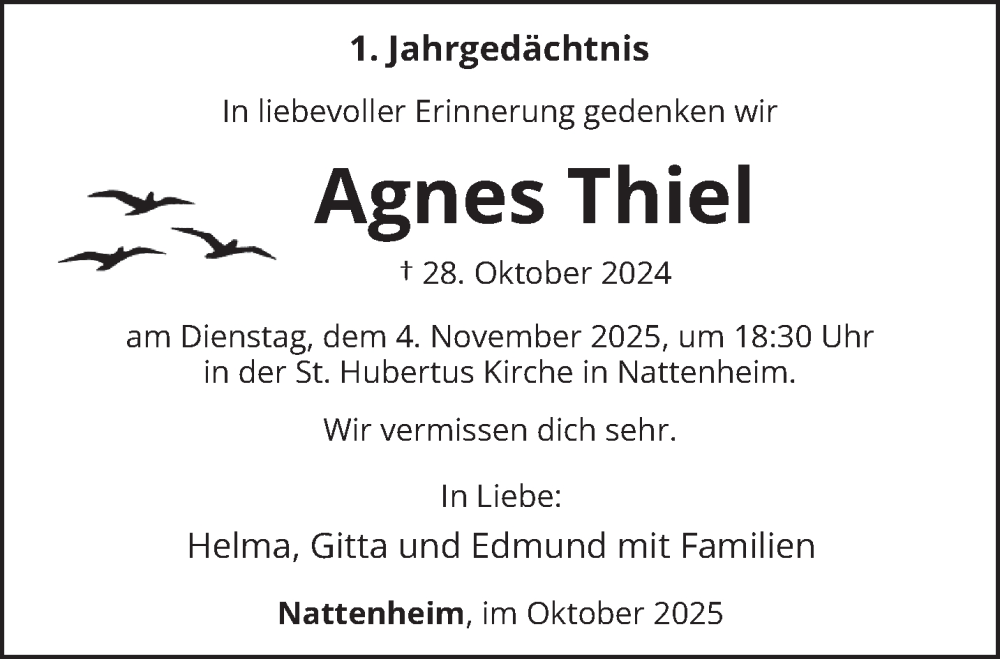  Traueranzeige für Agnes Thiel vom 25.10.2025 aus trierischer_volksfreund