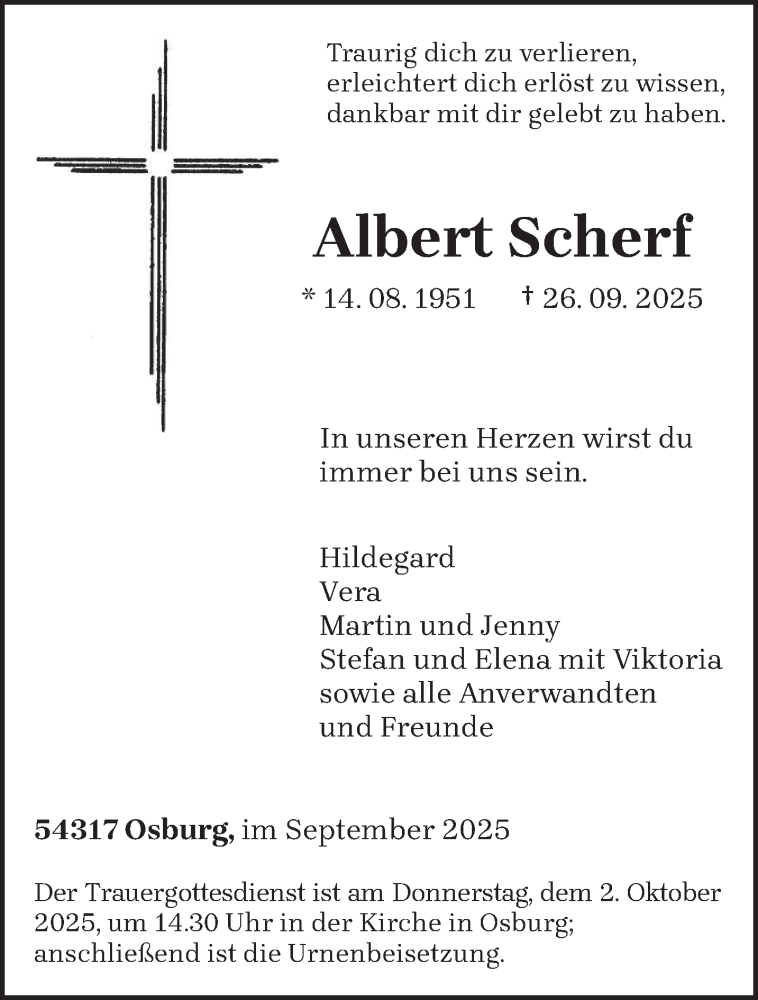  Traueranzeige für Albert Scherf vom 30.09.2025 aus trierischer_volksfreund