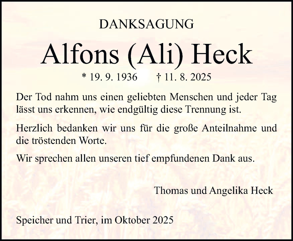  Traueranzeige für Alfons Heck vom 04.10.2025 aus trierischer_volksfreund