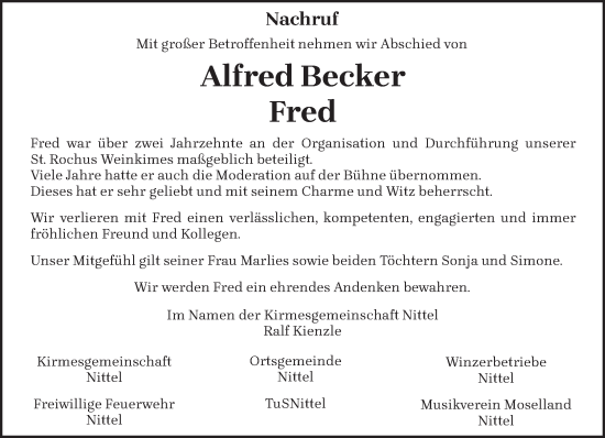 Traueranzeige von Alfred Becker von trierischer_volksfreund