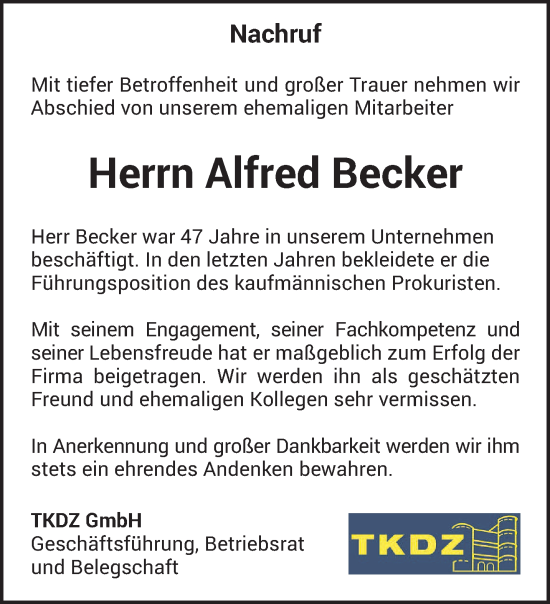 Traueranzeige von Alfred Becker von trierischer_volksfreund