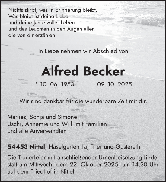Traueranzeige von Alfred Becker von trierischer_volksfreund