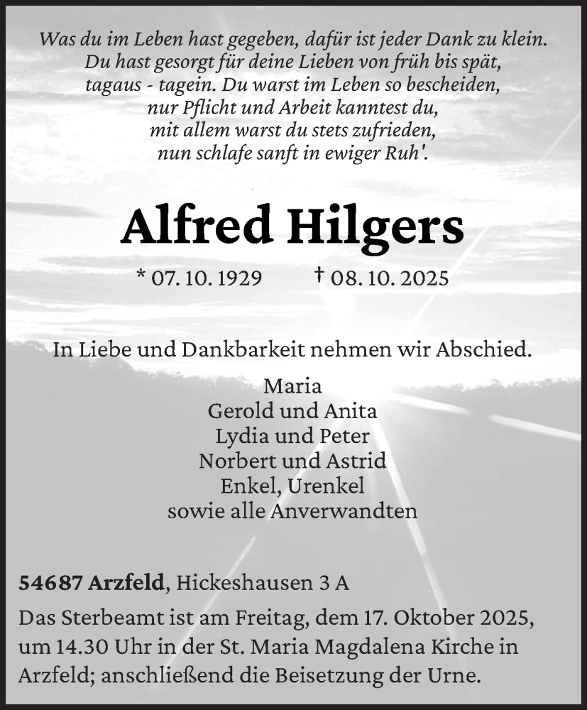  Traueranzeige für Alfred Hilgers vom 14.10.2025 aus trierischer_volksfreund