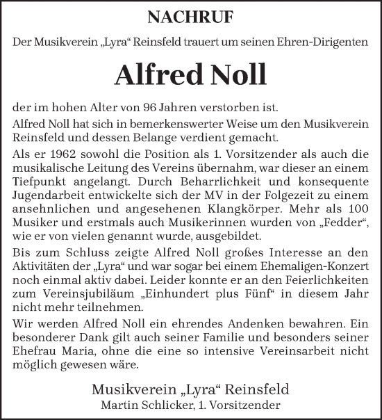 Traueranzeige von Alfred Noll von trierischer_volksfreund