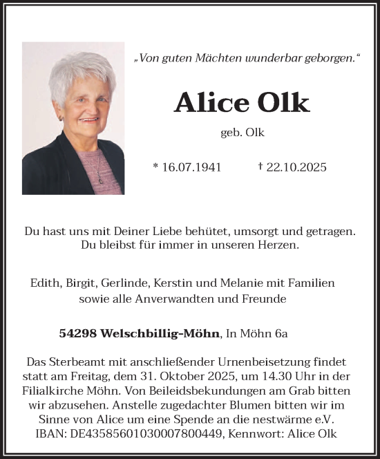 Traueranzeige von Alice Olk von trierischer_volksfreund