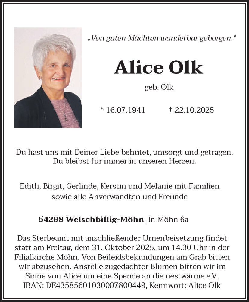 Traueranzeige für Alice Olk vom 29.10.2025 aus trierischer_volksfreund