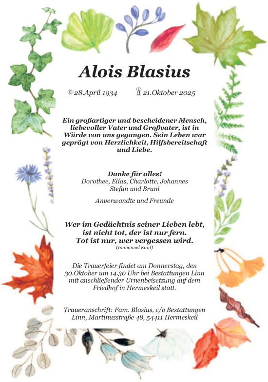 Traueranzeige von Alois Blasius von trierischer_volksfreund