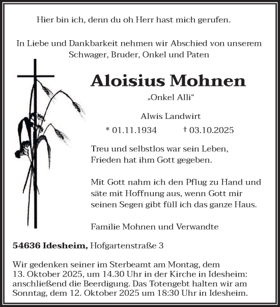 Traueranzeige von Aloisius Mohnen von trierischer_volksfreund