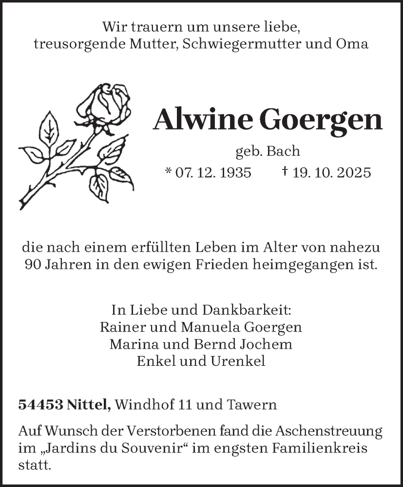  Traueranzeige für Alwine Goergen vom 29.10.2025 aus trierischer_volksfreund