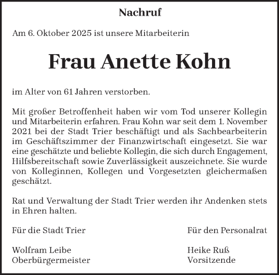 Traueranzeige von Anette Kohn von trierischer_volksfreund