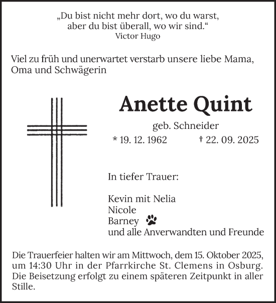 Traueranzeige von Anette Quint von trierischer_volksfreund