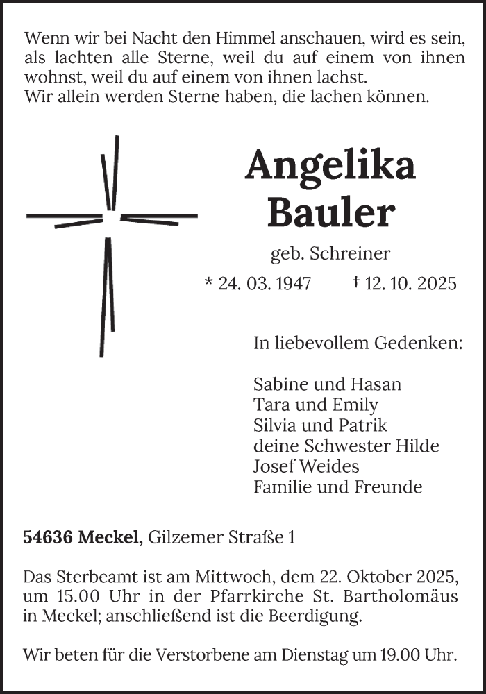  Traueranzeige für Angelika Bauler vom 18.10.2025 aus trierischer_volksfreund