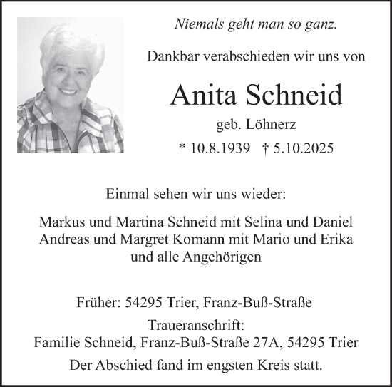 Traueranzeige von Anita Schneid von trierischer_volksfreund