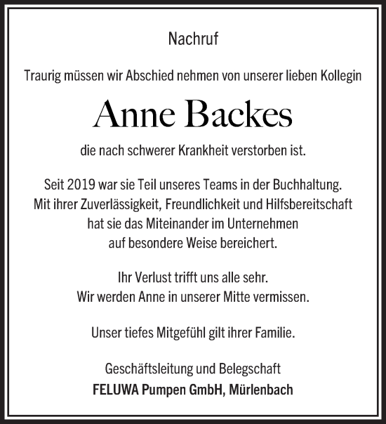 Traueranzeige von Anne Backes von trierischer_volksfreund