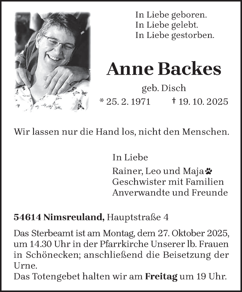  Traueranzeige für Anne Backes vom 22.10.2025 aus trierischer_volksfreund