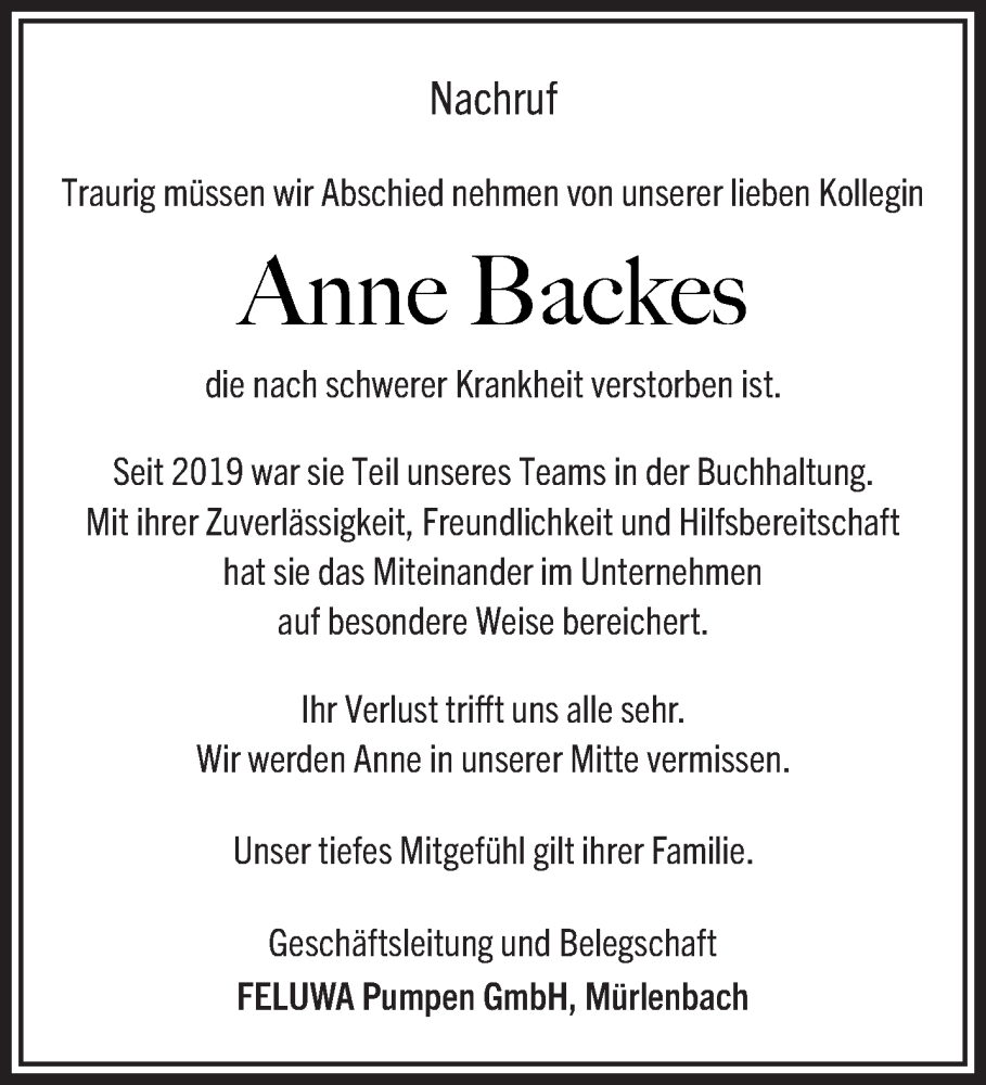  Traueranzeige für Anne Backes vom 25.10.2025 aus trierischer_volksfreund