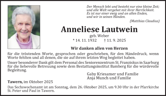 Traueranzeige von Anneliese Lautwein von trierischer_volksfreund
