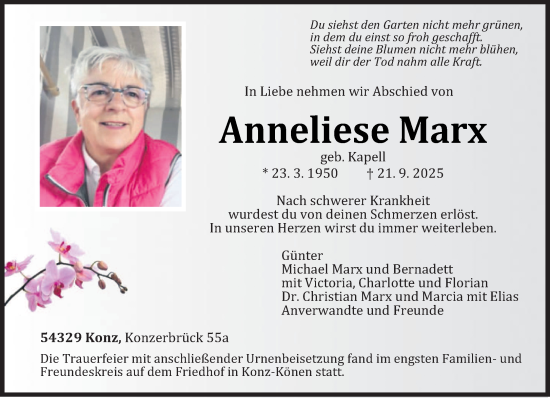 Traueranzeige von Anneliese Marx von trierischer_volksfreund