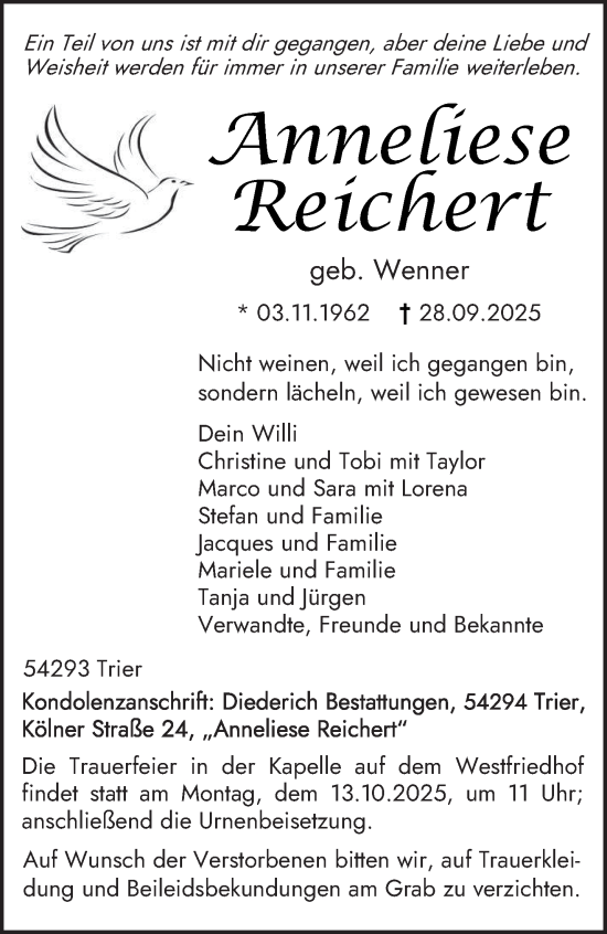 Traueranzeige von Anneliese Reichert von trierischer_volksfreund
