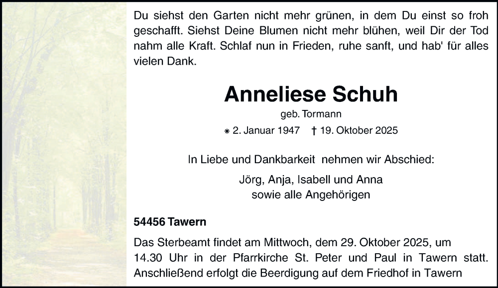  Traueranzeige für Anneliese Schuh vom 25.10.2025 aus trierischer_volksfreund