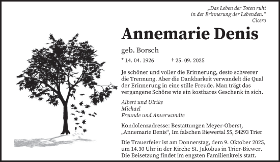 Traueranzeige von Annemarie Denis von trierischer_volksfreund