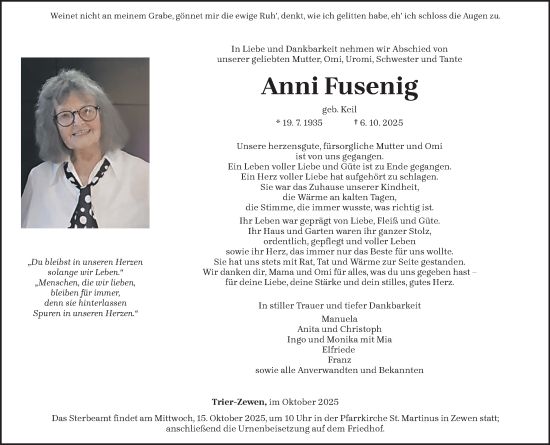 Traueranzeige von Anni Fusenig von trierischer_volksfreund