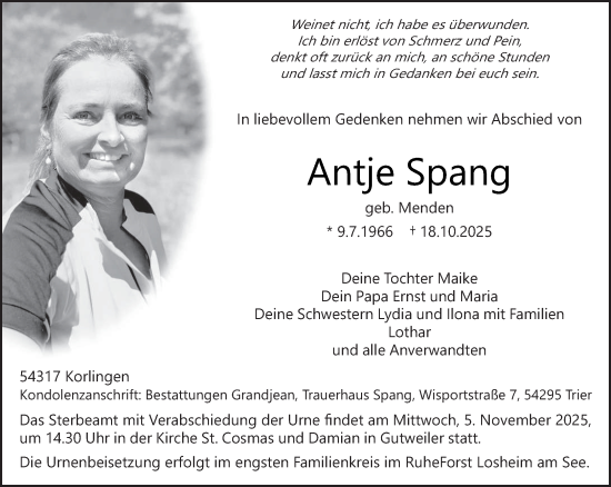 Traueranzeige von Antje Spang von trierischer_volksfreund