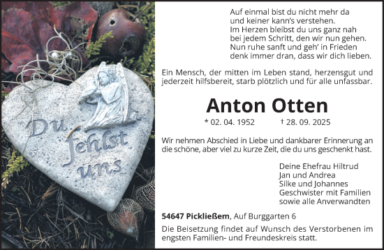 Traueranzeige von Anton Otten von trierischer_volksfreund