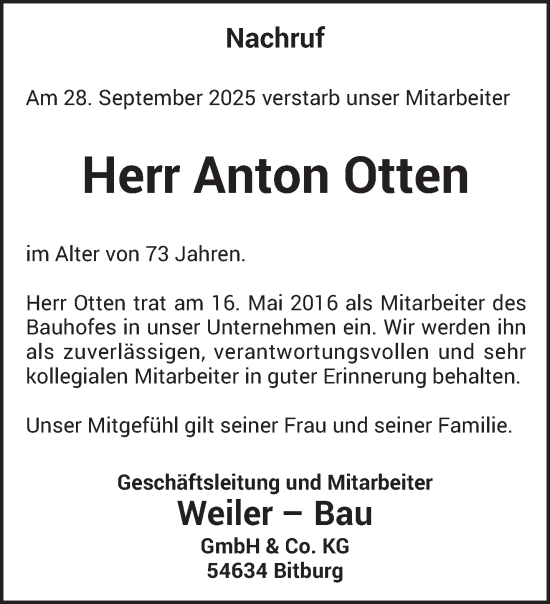 Traueranzeige von Anton Otten von trierischer_volksfreund