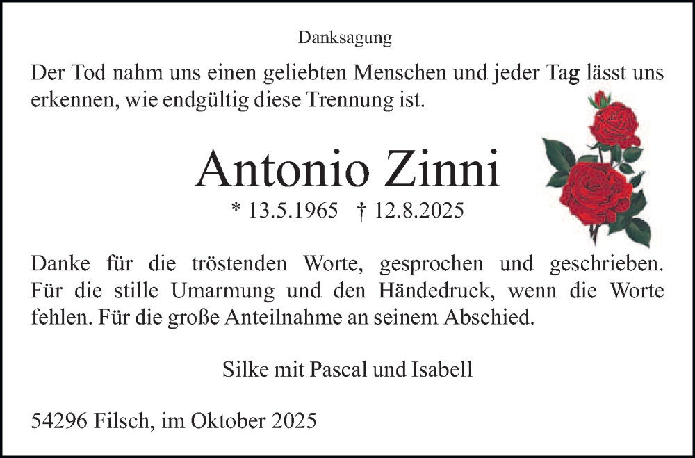  Traueranzeige für Antonio Zinni vom 11.10.2025 aus trierischer_volksfreund