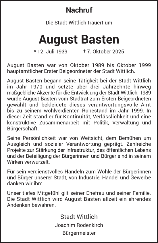 Traueranzeige von August Basten von trierischer_volksfreund