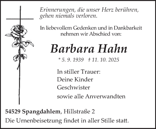 Traueranzeige von Barbara Hahn von trierischer_volksfreund