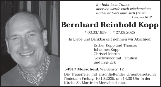 Traueranzeige von Bernhard Reinhold Kopp von trierischer_volksfreund